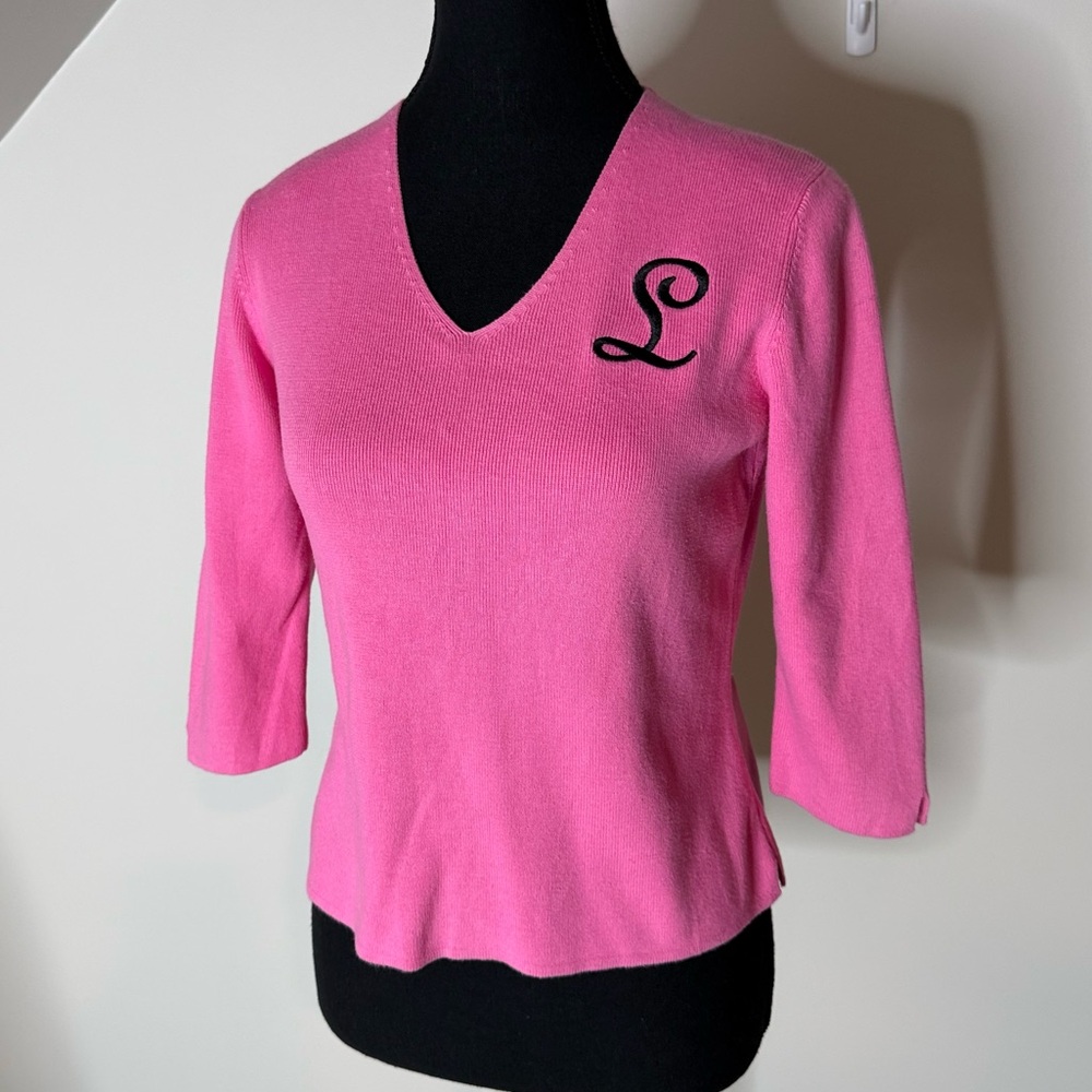 DESIGNERS ORIGINALS PETITE Pink V Neck Knit Pullover Sweater L Embroidered Small - Picture 6 of 10